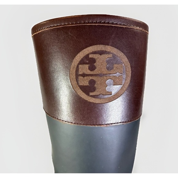 Tory Burch Womens Riding Rain Boots Size 7 Black Brown Logo Classic Rubber Tall - Picture 4 of 9